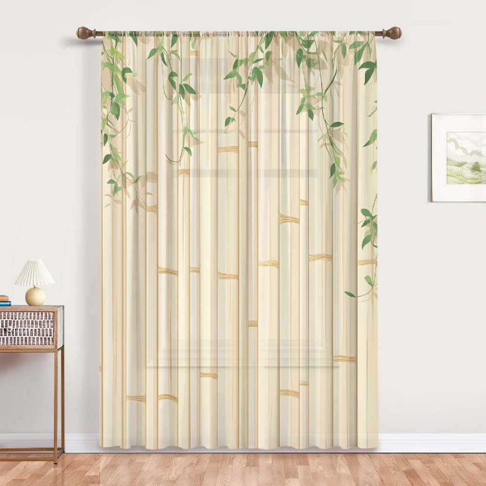 1PC 시어 커튼 대나무 녹색 잎 베이지 프린트, 거실 - Home Office Rate 리뷰 및 가격