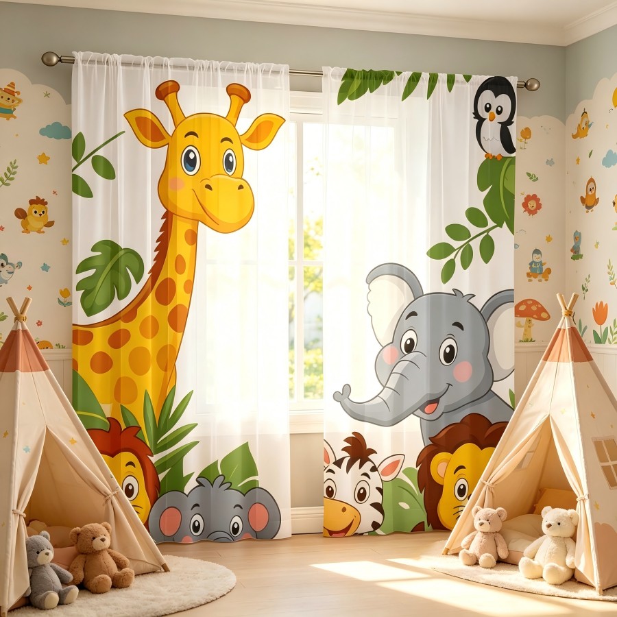 2PCS 디지털 프린트 시스루 커튼, 귀여운 동물 만화 - Home Office Rate 리뷰 및 가격